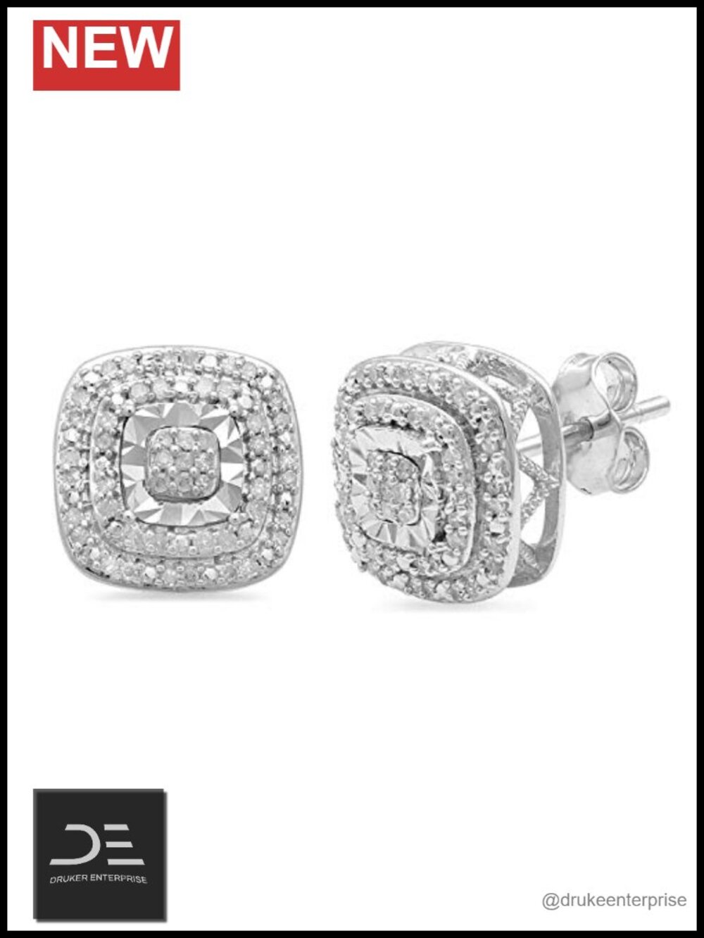 925 Sterling Silver Cushion Diamond Stud Earrings Push Back Women's Fine